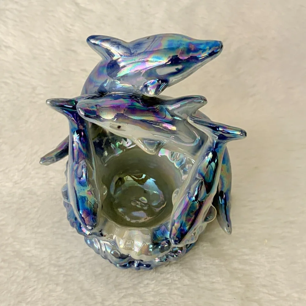 Iridescent Blue Ceramic Dolphin Family Statue Nautical Beach House Decor Vintage